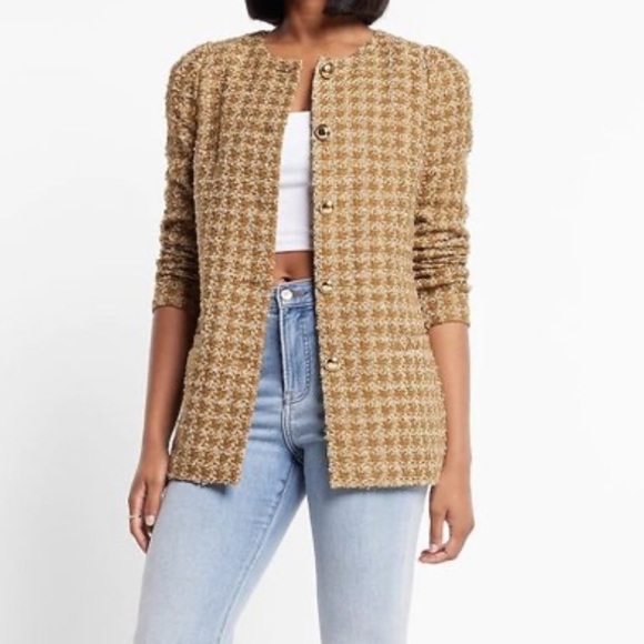 SOLD EXPRESS long tweed blazer metallic bronze gold tan worn by celebrity - Picture 7 of 17